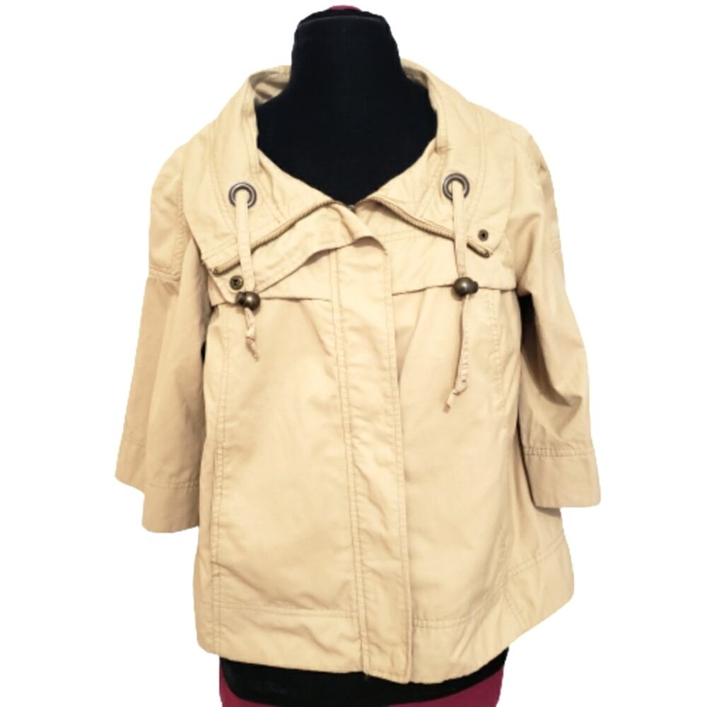 Khaki Cargo Jacket Half Sleeve‎ Grommet Drawstring Neckline Zip and Snap Closure